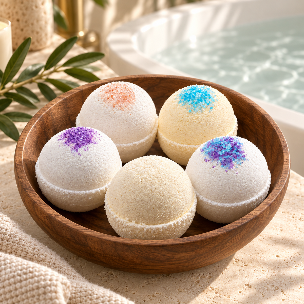 Five handmade Solid Olive bath bombs with pink, blue, purple, mixed salt and plain ivory tops in a wooden bowl beside a bath.
