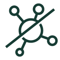 A green atom with a slash through it indicating "no"