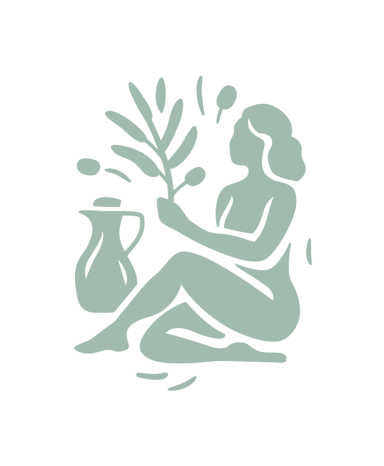 The outline of a woman sitting down, holding an olive branch with an olive oil decanter next to her.