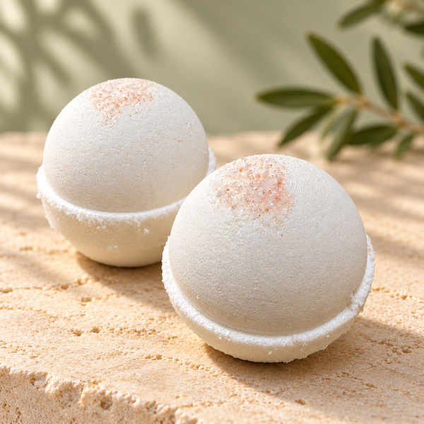 White Colorado Citrus bath bombs topped with pink Himalayan salt.
