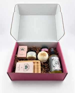 For the New Mom Bundle in an open pink Solid Olive gift box