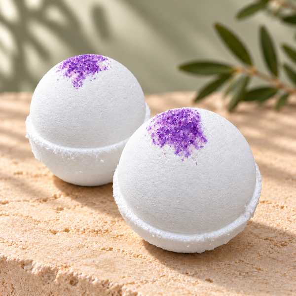 White French Lavender bath bombs topped with purple sea salt.