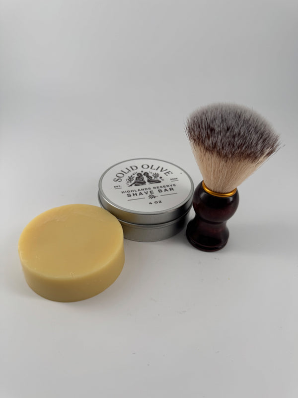 Highlands Reserve shave soap with tin and shaving brush; brush sold separately
