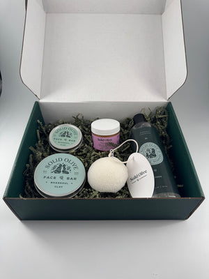 Solid Olive face care gift box with Rhassoul face bars, face balm, toner and konjac sponge