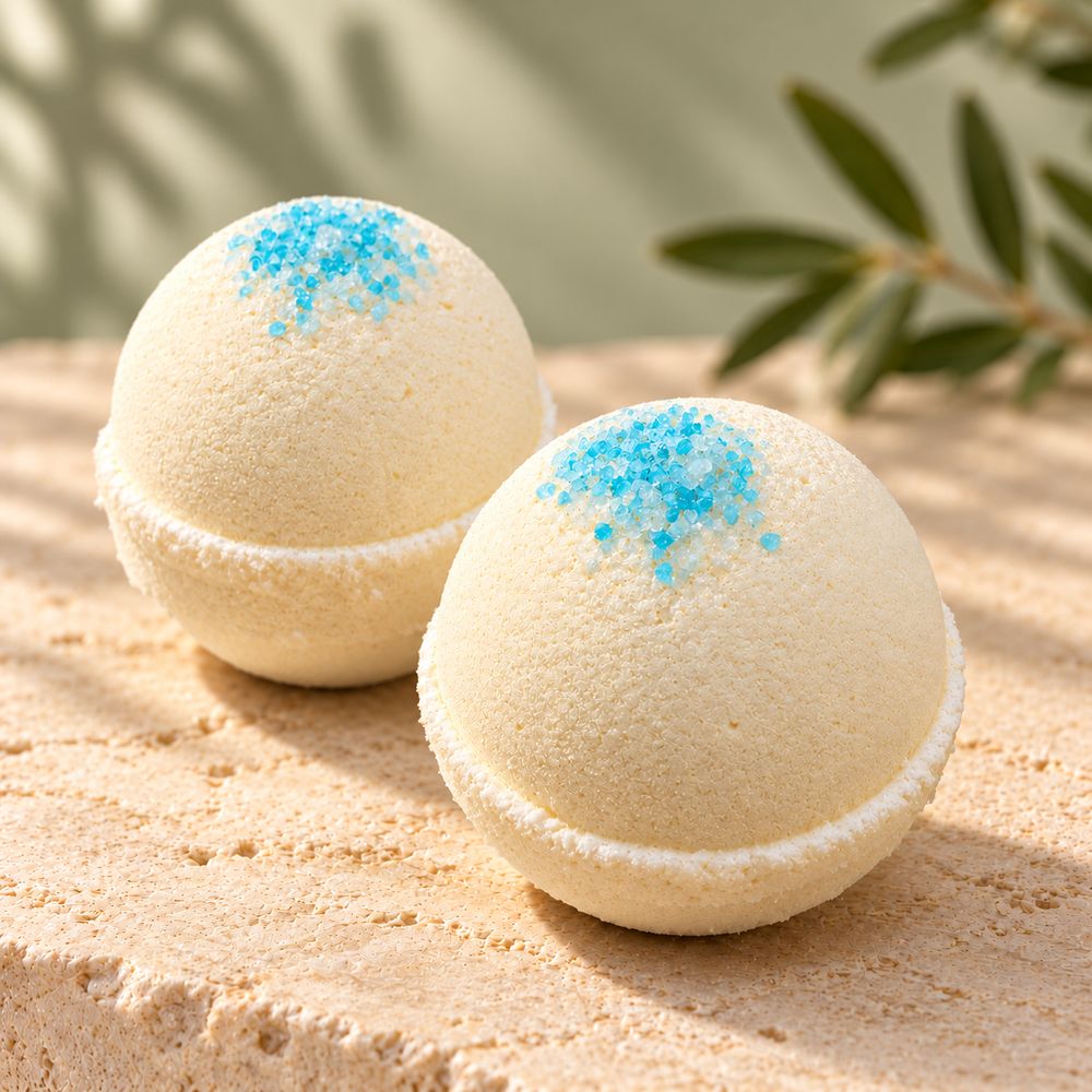 Soft butter-colored Serenity bath bombs topped with blue sea salt.