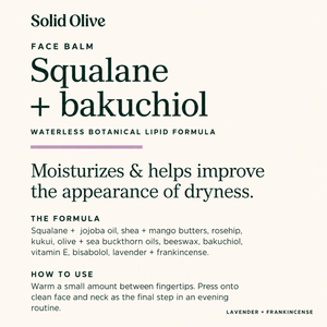Solid Olive Face Balm: squalane and bakuchiol, formula ingredients, moisturizing benefits, and directions