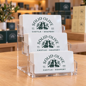 Solid Olive branded gift cards displayed in a clear holder on a shop counter
