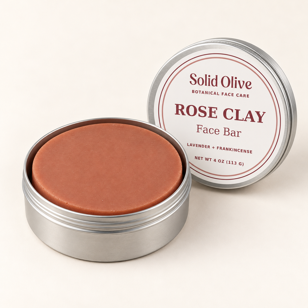 Rose Clay Face Bar, 4 oz, in its aluminum tin with labeled lid