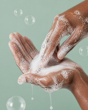 Hands massaging creamy lather against a sage green background