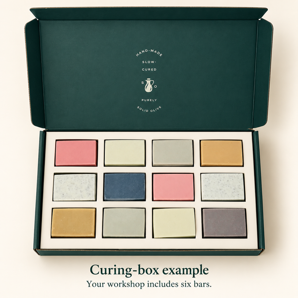 Open curing-box packaging example with twelve bars pictured; each workshop includes six bars