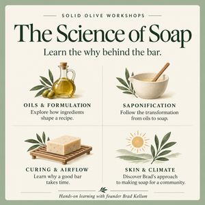 Workshop topics: oils and formulation, saponification, curing and airflow, skin and climate
