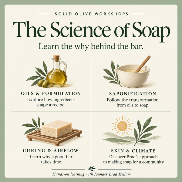 Workshop topics: oils and formulation, saponification, curing and airflow, skin and climate